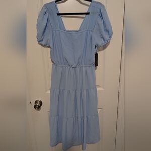 Sky Blue Puff Sleeve Midi Dress